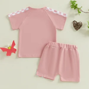 Girls Plaid Outfit Set with Short Sleeve